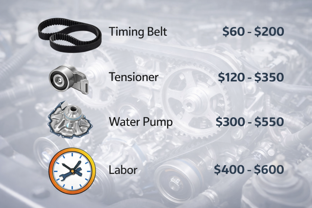 Infographic showing Honda Accord timing belt replacement cost breakdown with belt, tensioner, water pump, and labor price ranges.