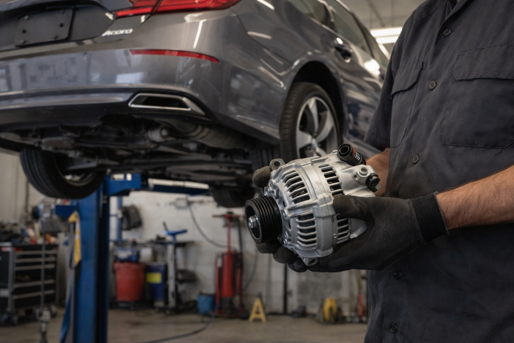 Mechanic holding a Honda Accord alternator in a real repair shop, illustrating average Honda Accord alternator replacement cost and labor work.