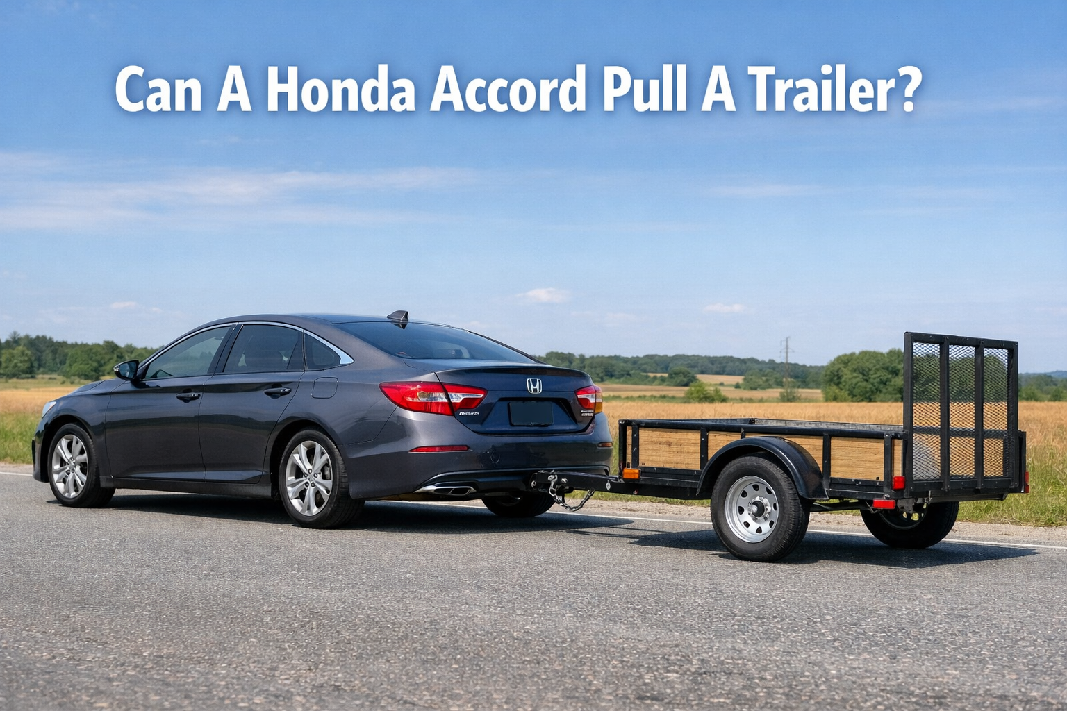 Honda Accord towing a small utility trailer on a rural road, showing can a Honda Accord pull a trailer in real driving conditions.