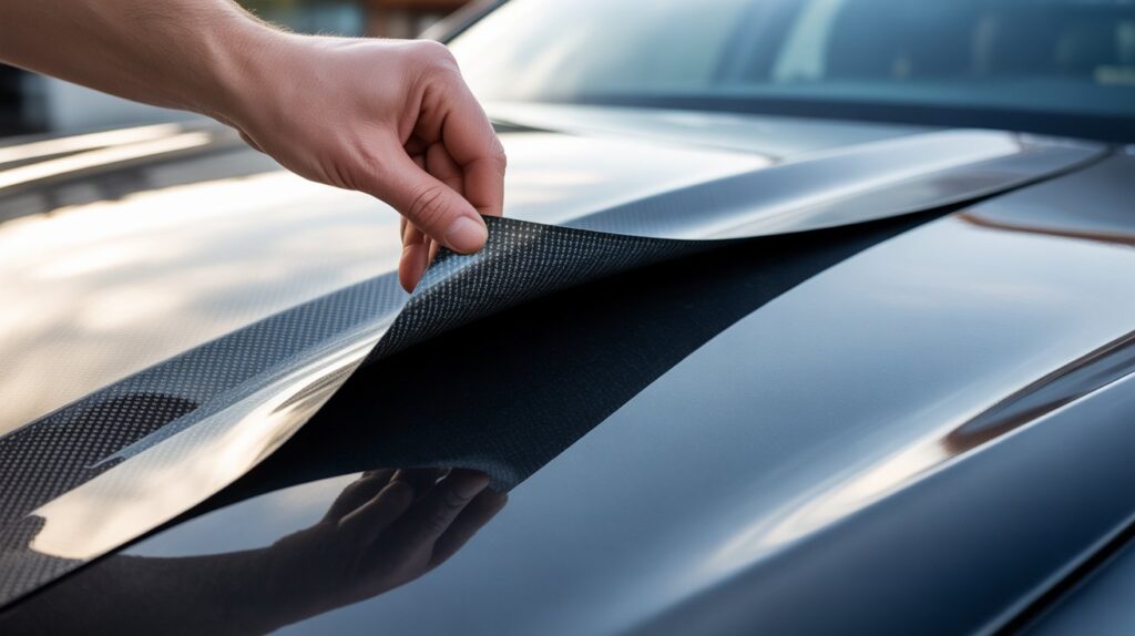 Installer lifting vinyl wrap from a glossy hood surface to inspect paint condition, explaining can wrapping affect resale value or paint.