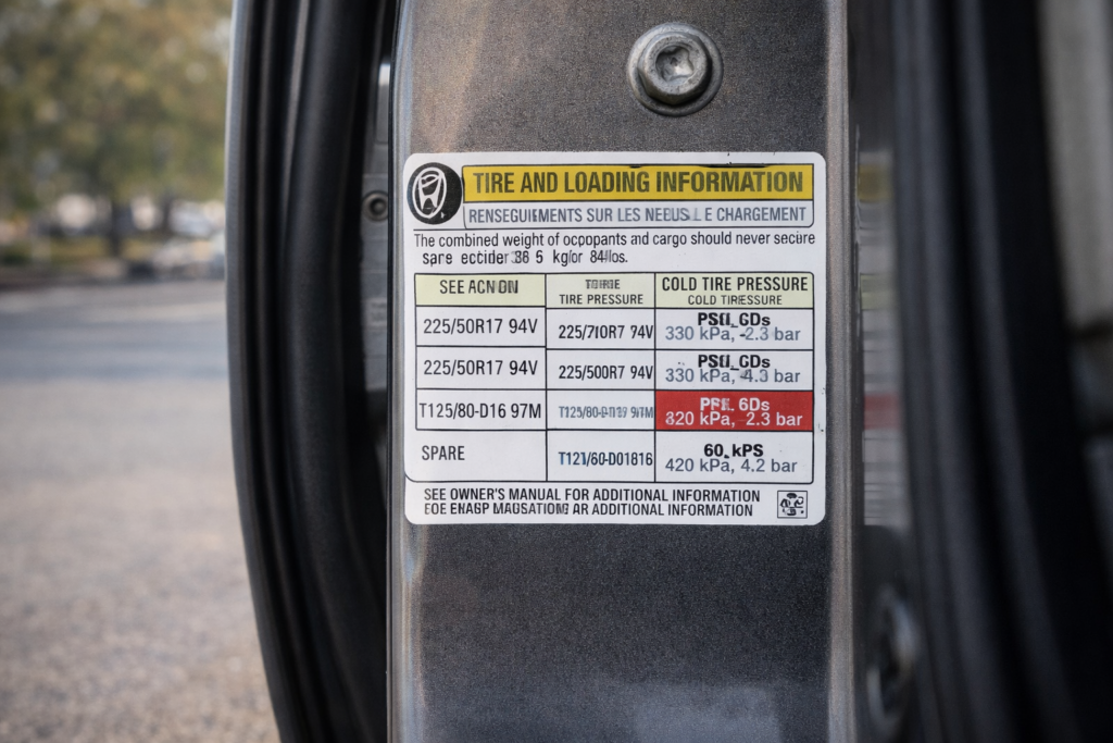 Honda Accord driver-side door jamb sticker showing recommended tire pressure PSI values used to set correct tire pressure on a Honda Accord