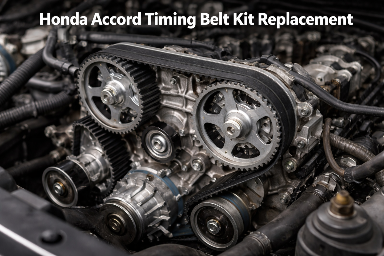 Close-up of Honda Accord timing belt kit during replacement, showing belt, pulleys, and gears inside the engine bay in real-world view.