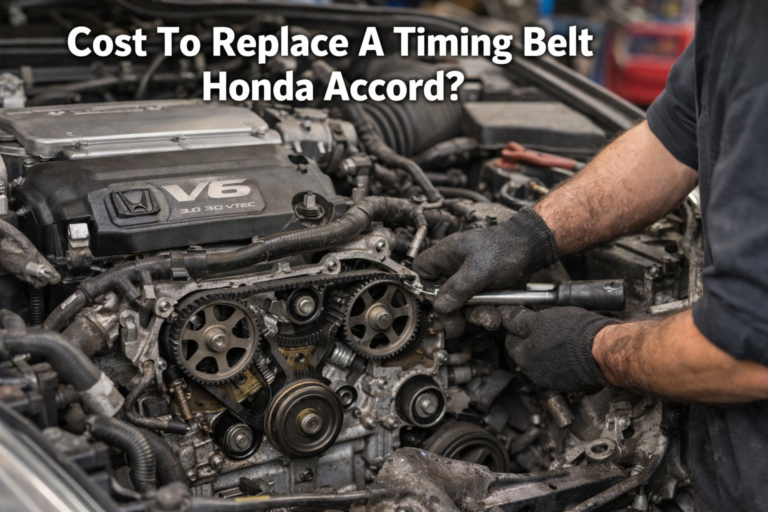 Mechanic replacing timing belt on Honda Accord V6 engine, real repair scene showing cost to replace a timing belt Honda Accord.