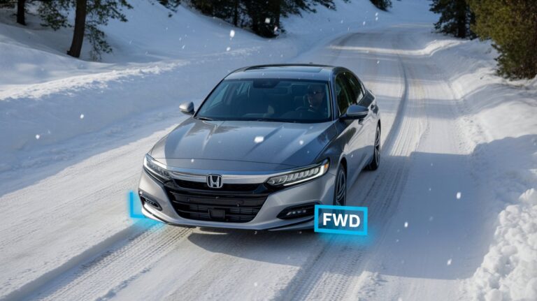 Honda Accord driving on snowy road shows traction limits, answering Do Honda Accords Come In AWD? proof of drivetrain setup.