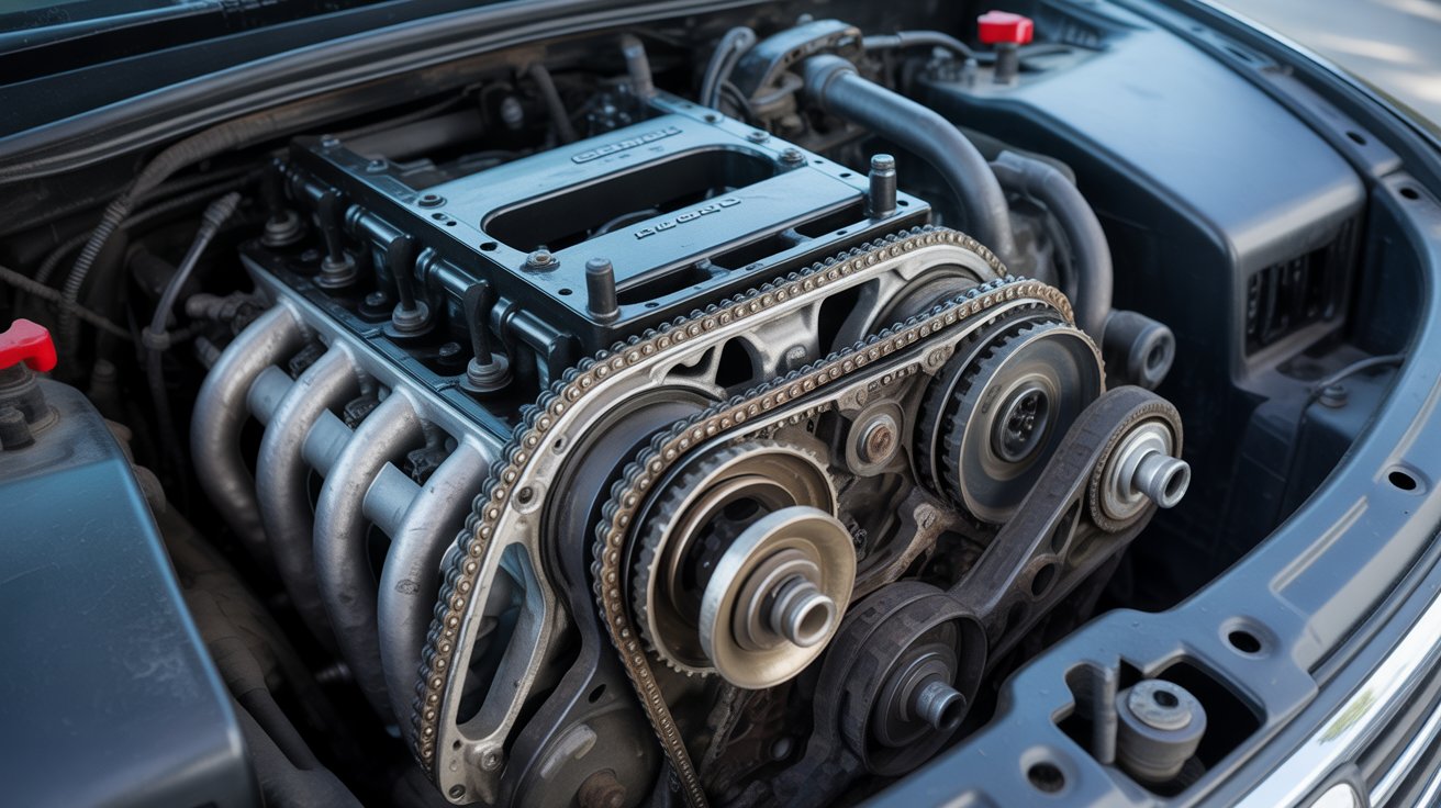 Close-up of a Honda engine showing the timing system, helping explain “Do Honda Accords Have Timing Belts or Chains?” clearly.