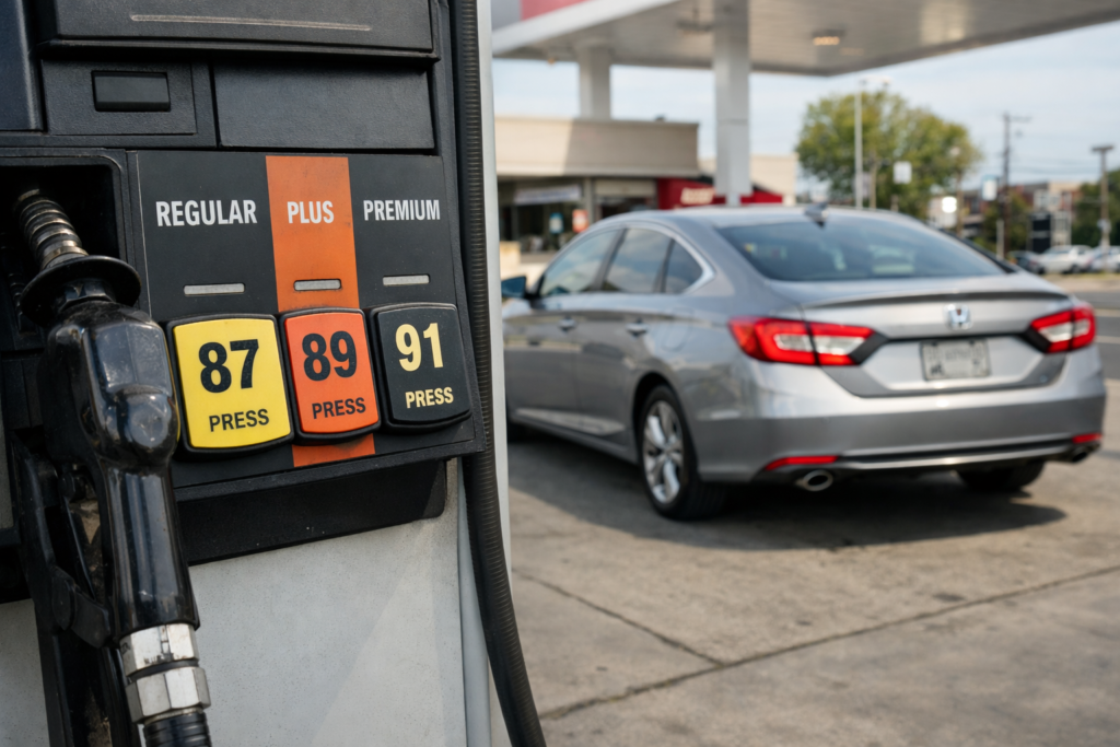 Honda Accord at a gas station with fuel pump showing 87, 89, and 91 options, highlighting regular vs premium gas choice.
