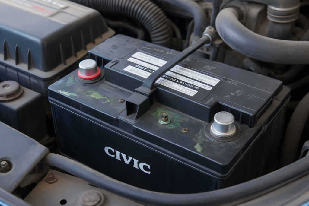 Corroded Honda Civic car battery showing heat damage, explaining does hot weather shorten Civic battery life over time.