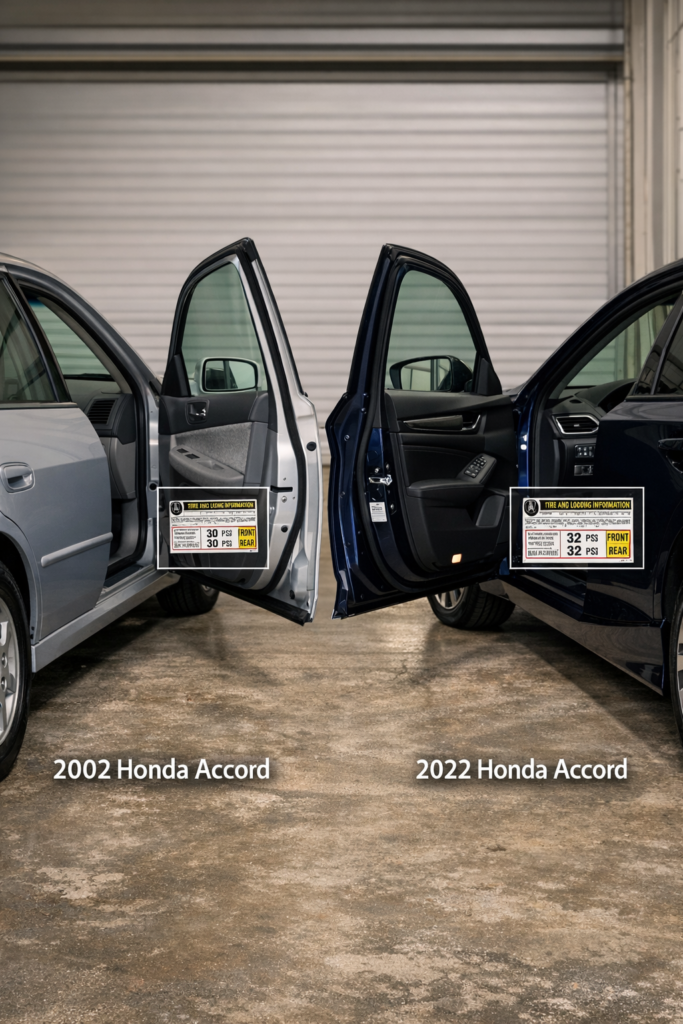Side by side Honda Accord models show door stickers, explaining Does Tire PSI Change by Honda Accord Model Year clearly today
