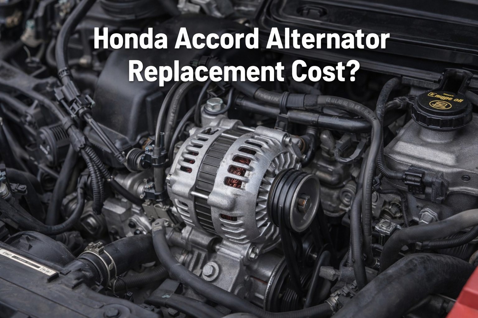 Honda Accord engine bay showing alternator and belt, illustrating Honda Accord alternator replacement cost during real repair or inspection.
