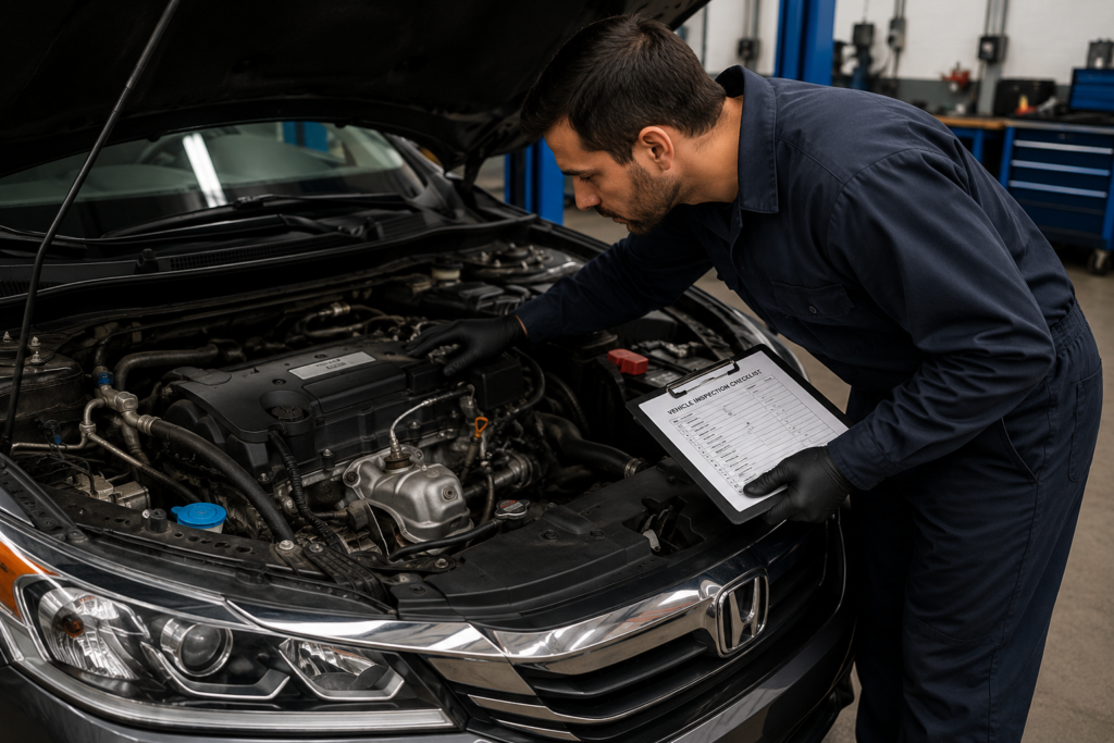 Mechanic inspecting a Honda Accord engine bay with checklist during vehicle inspection to identify possible problem years.