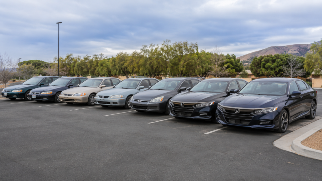 Honda Accord reliability by generation at a glance, showcasing 1998–2022 Accord models parked side by side highlighting design evolution.