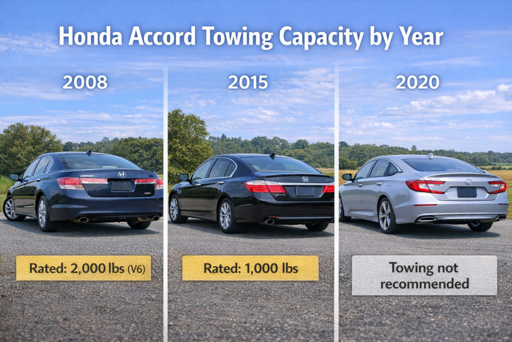 Honda Accord towing capacity by year showing 2008 V6, 2015 4-cyl, and 2020 turbo models with rated trailer limits.