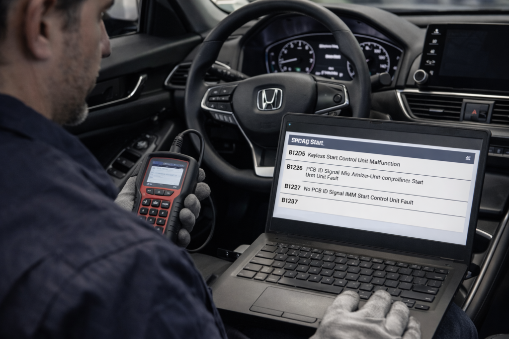 Mechanic diagnosing Honda Accord key problems using an OBD2 scanner and laptop to read keyless start fault codes inside the car