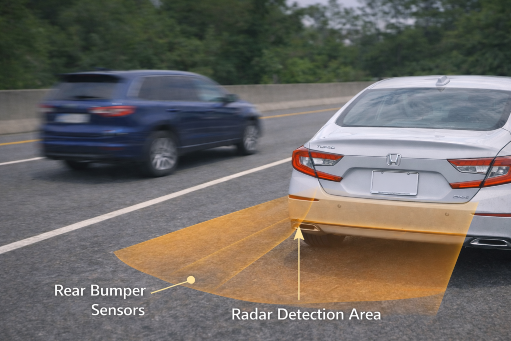 Honda Accord blind spot detection diagram showing rear bumper radar sensors detecting vehicles in adjacent lanes