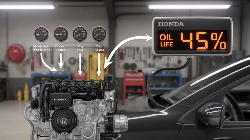 Honda Accord display showing oil life 45%, explaining how does Honda Maintenance Minder work to track service needs.