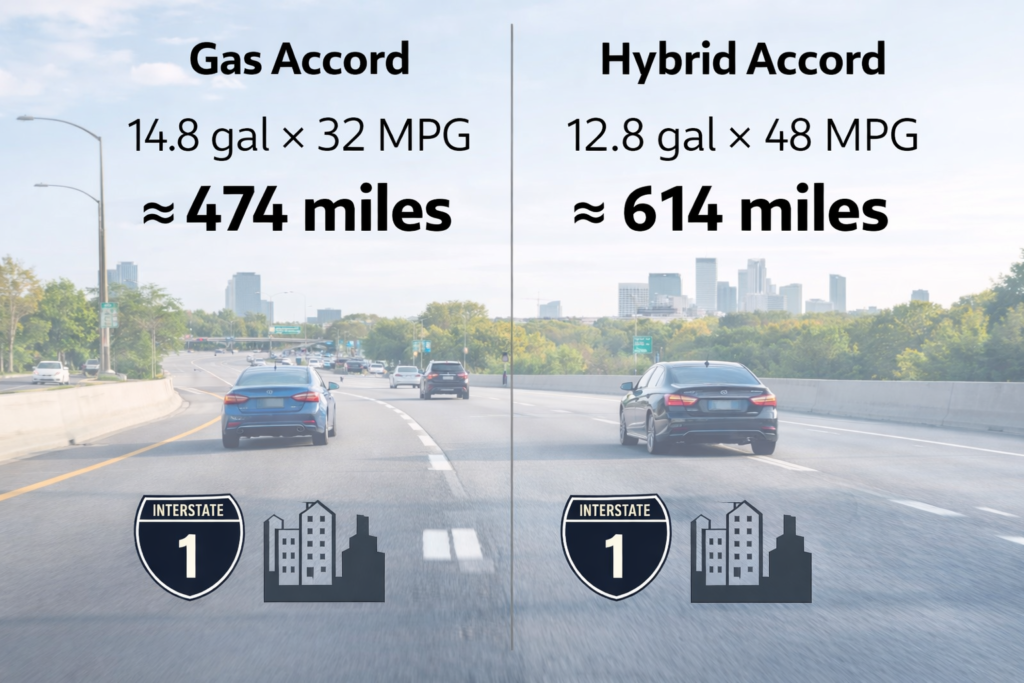 Infographic comparing Honda Accord driving range, showing gas vs hybrid tank size, MPG, and total miles for highway and city use.