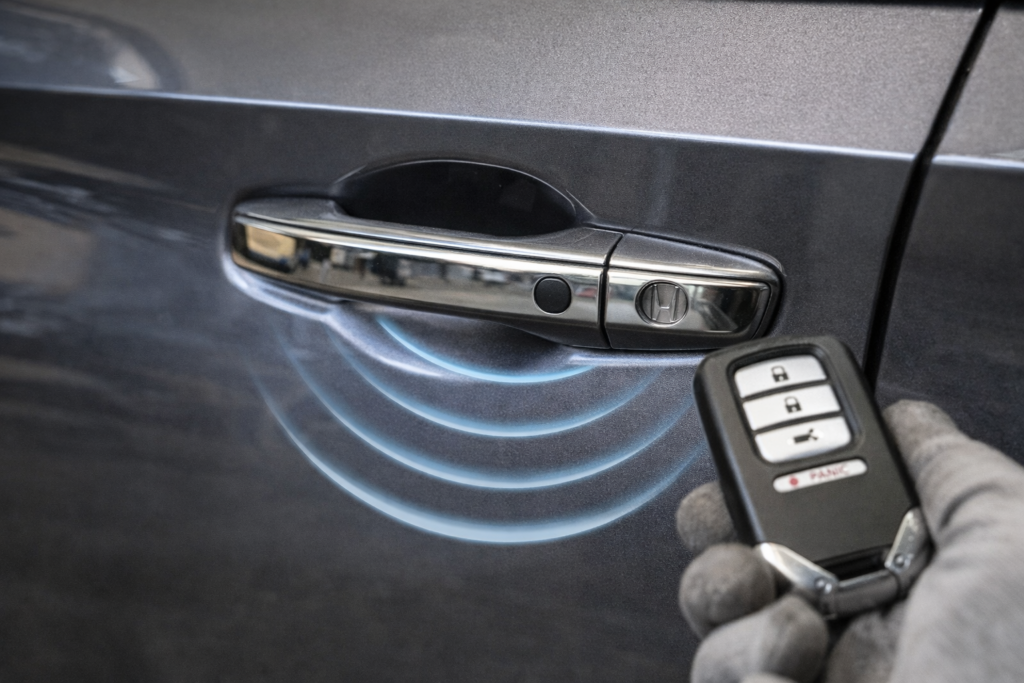 2018 Honda Accord smart key near door handle showing proximity detection signals for keyless entry and push button access
