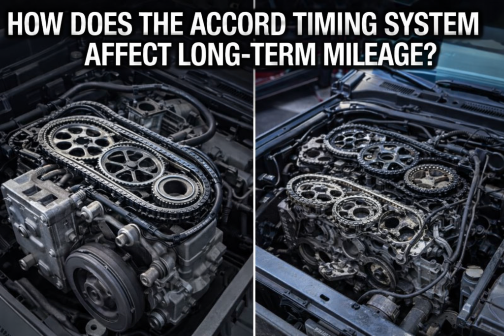 Honda Accord engine timing system showing chains and gears, explaining how the Accord timing system affects long-term mileage and engine life.