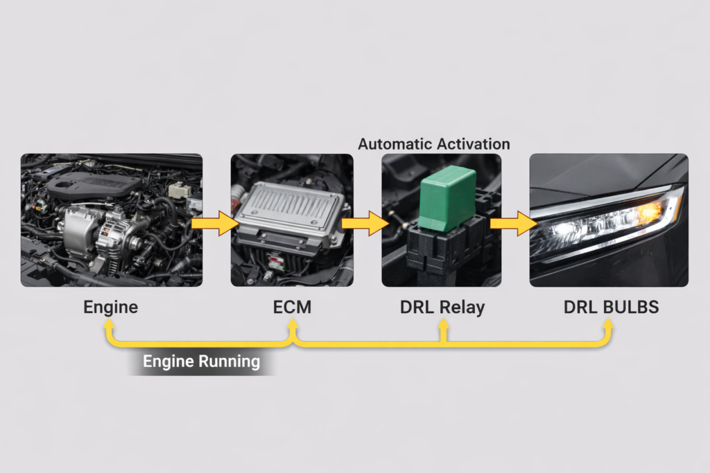 Diagram showing how DRL works on Honda Accord, with engine sending signal to ECM, DRL relay activating daytime running light bulbs automatically