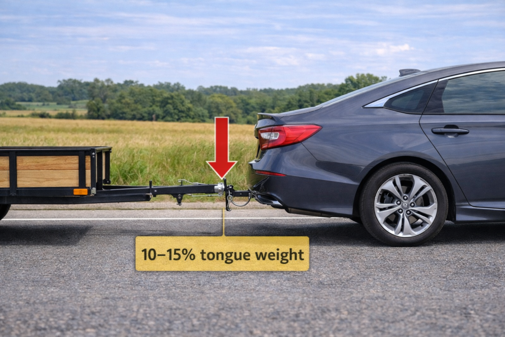 Honda Accord towing a small trailer with proper tongue weight, showing 10–15% load on the hitch for safe and stable towing.