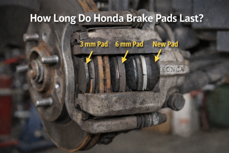 Close of Honda brake pads showing 3mm to new thickness levels, explaining wear and asking How Long Do Honda Brake Pads Last?!