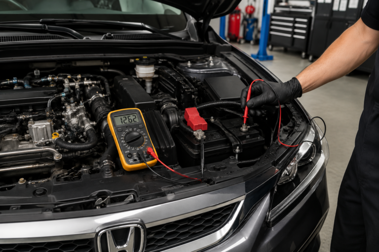 Testing a Honda Civic car battery with a digital multimeter to understand how long do Honda Civic batteries last over time.