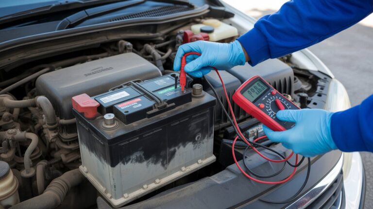 Testing a Honda Civic car battery with a digital multimeter to understand how long do Honda Civic batteries last over time.