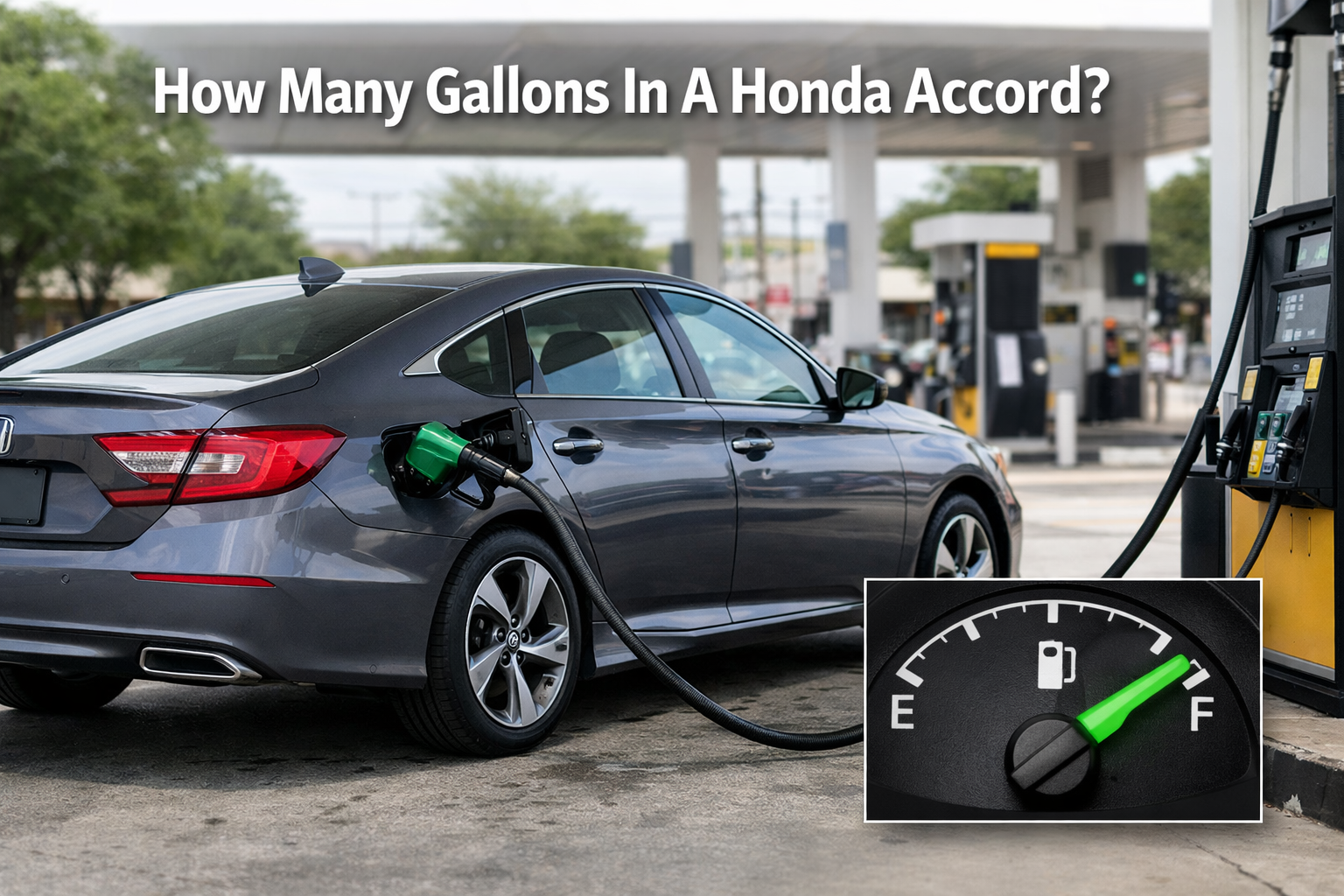 Modern Honda Accord gas station par fuel pump se refuel hoti hui, side view mein open fuel door aur full tank indicator dikh raha hai.