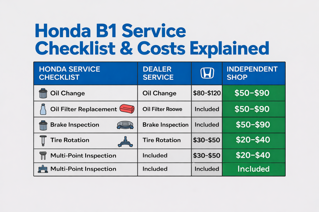 Honda B1 service cost checklist showing pricing details, clearly answering How Much Does Honda B1 Service Cost? for owners.