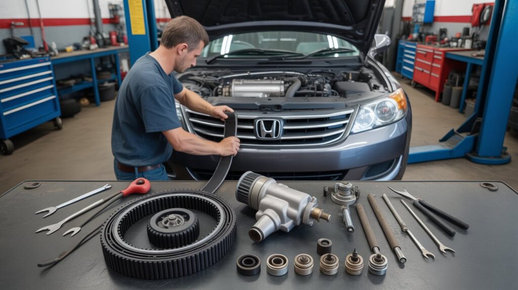 Mechanic replacing a Honda Accord timing belt with all parts and tools shown, helping explain how much Accord timing belt replacement costs.