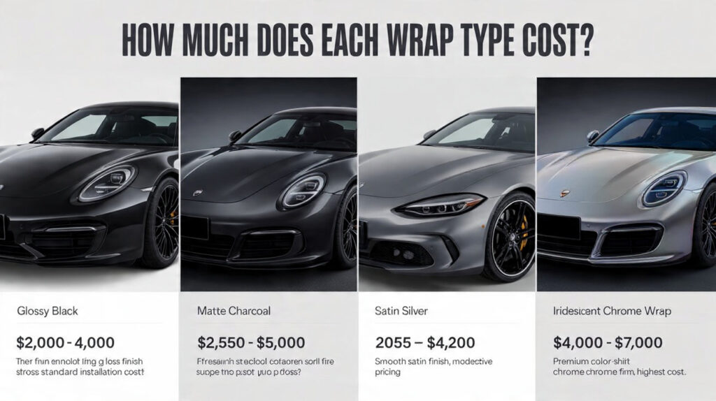 Car wrap examples comparing different wrap types and showing how much each wrap type costs, with prices listed for every option.