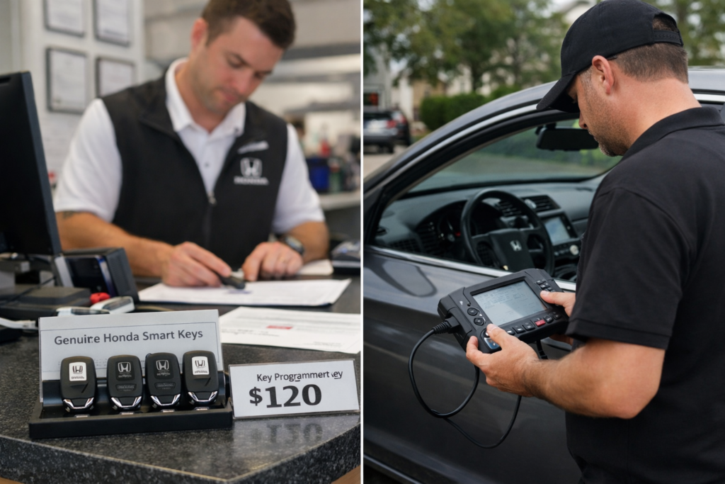 Real-world split view showing dealer vs locksmith 2018 Honda Accord key programming cost, with smart key fobs and on-car programming tools.