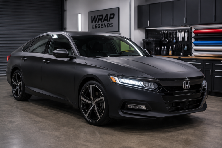 How much does it cost to wrap a Honda Accord displayed with half-wrapped design to show pricing differences in wrap coverage.