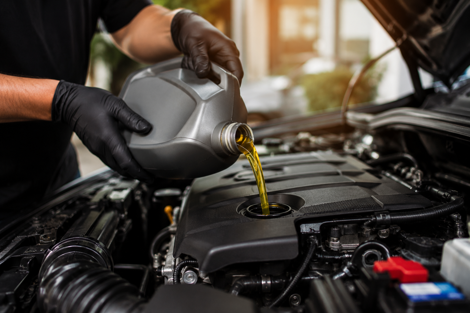 Mechanic pouring fresh engine oil into a car engine, showing how often does a Honda Accord need an oil change.