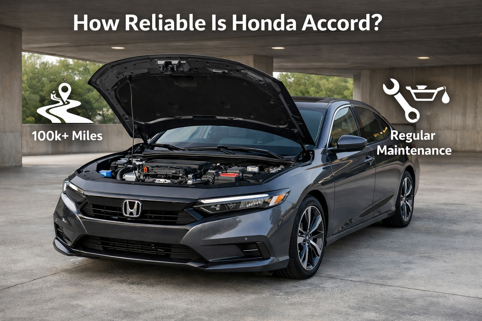 2023 Honda Accord with hood open showing engine, highlighting Honda Accord reliability, long mileage, and regular maintenance importance.