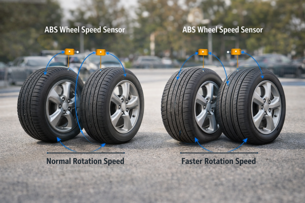 Honda Accord TPMS system diagram showing ABS wheel speed sensors comparing normal and underinflated tire rotation to detect low pressure