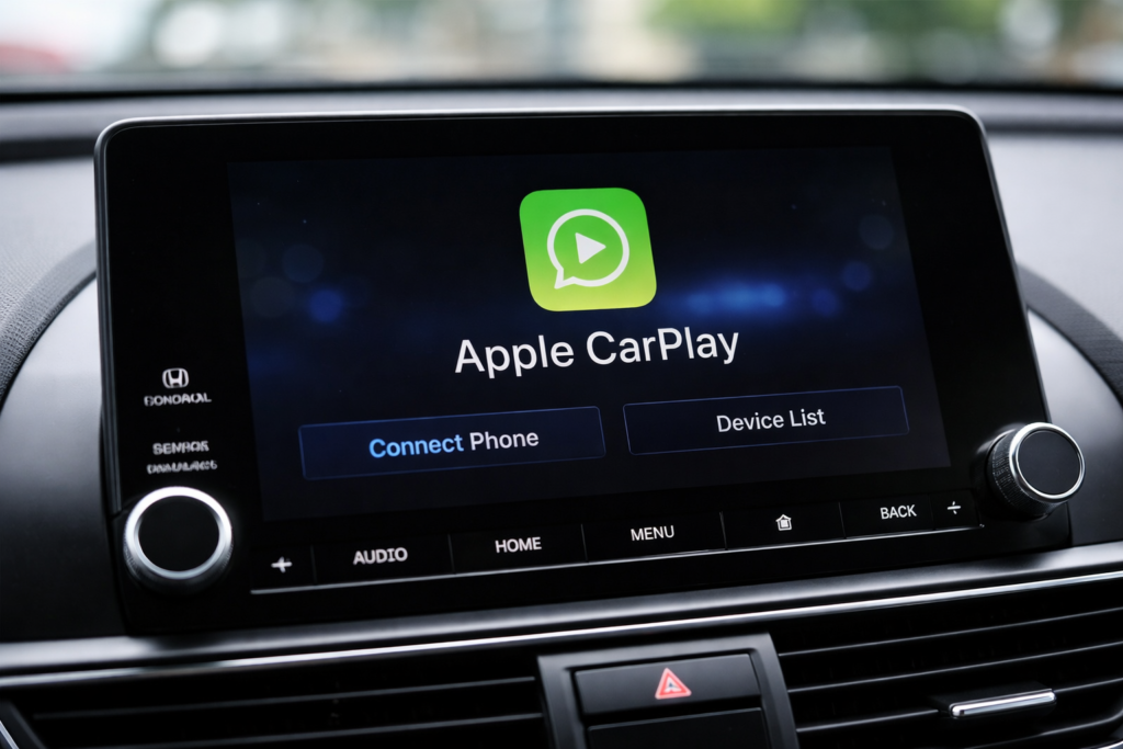 Close-up of a Honda infotainment screen displaying the Apple CarPlay connection icon, showing CarPlay availability on a Honda dashboard.