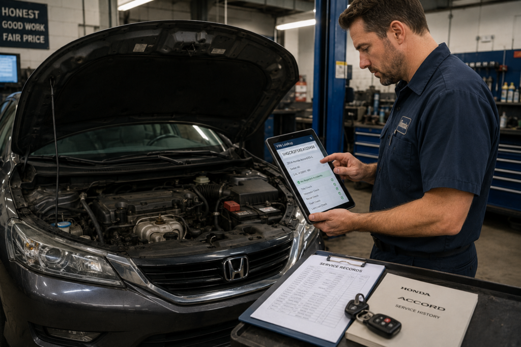 Mechanic checking a used Honda Accord engine to determine whether it uses a timing belt or timing chain