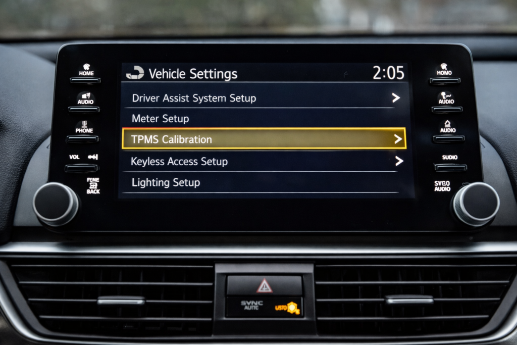 Honda Accord infotainment screen showing TPMS Calibration menu, explaining how to reset TPMS on a Honda Accord step by step.