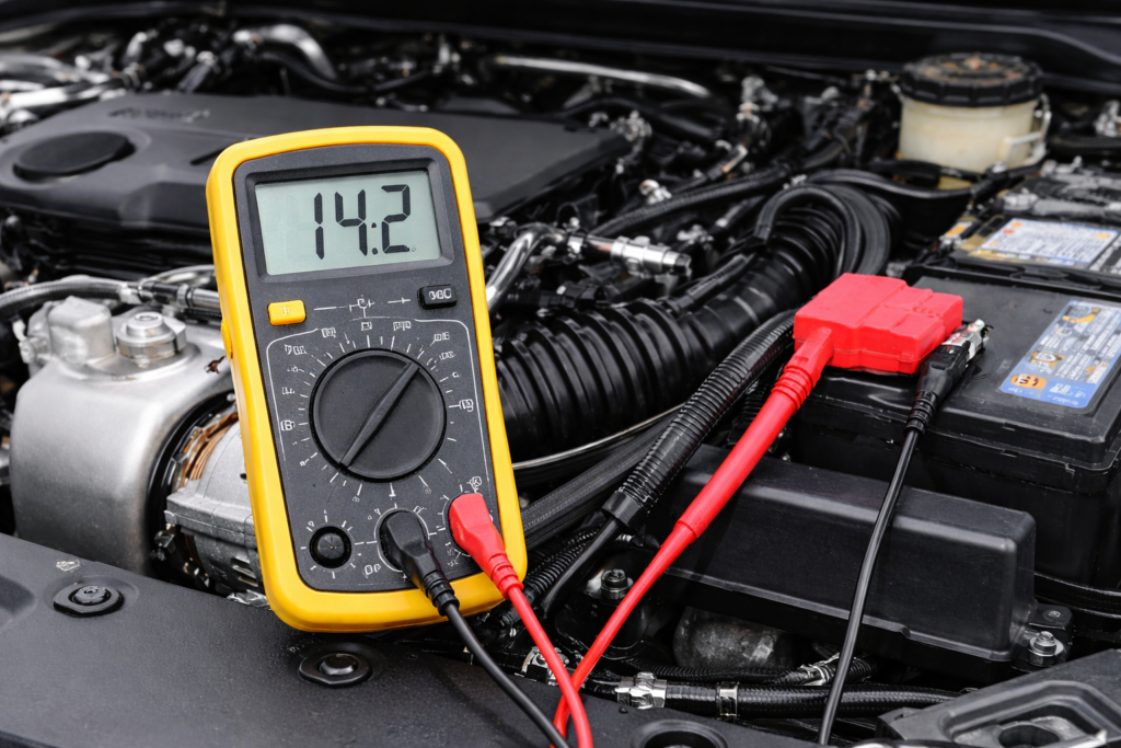 Digital multimeter testing Honda Accord alternator output, showing 14.2V at the battery during engine-on charging test.