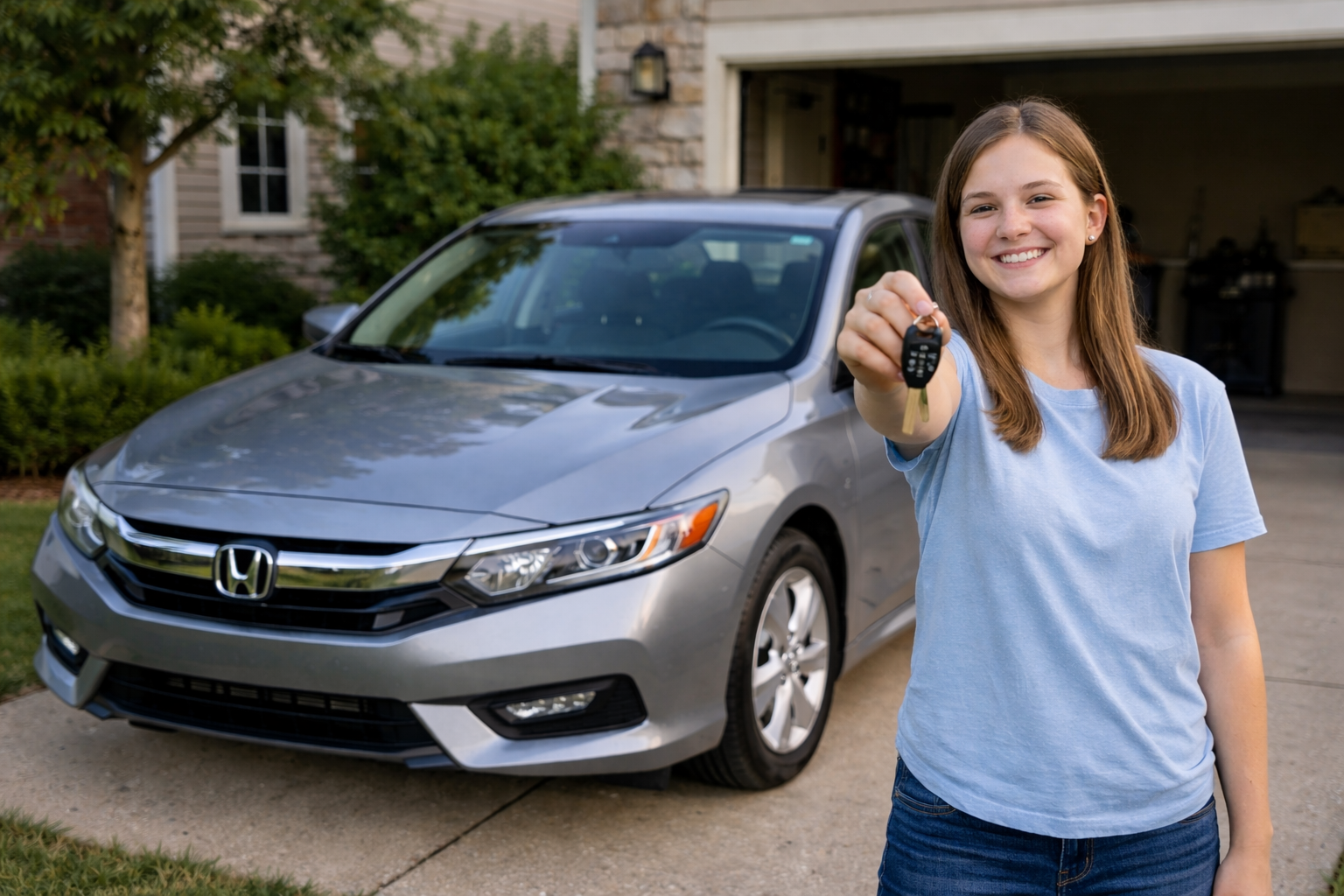 Young first-time driver holding car keys beside a Honda Accord in a driveway, showing why a Honda Accord is a good first car