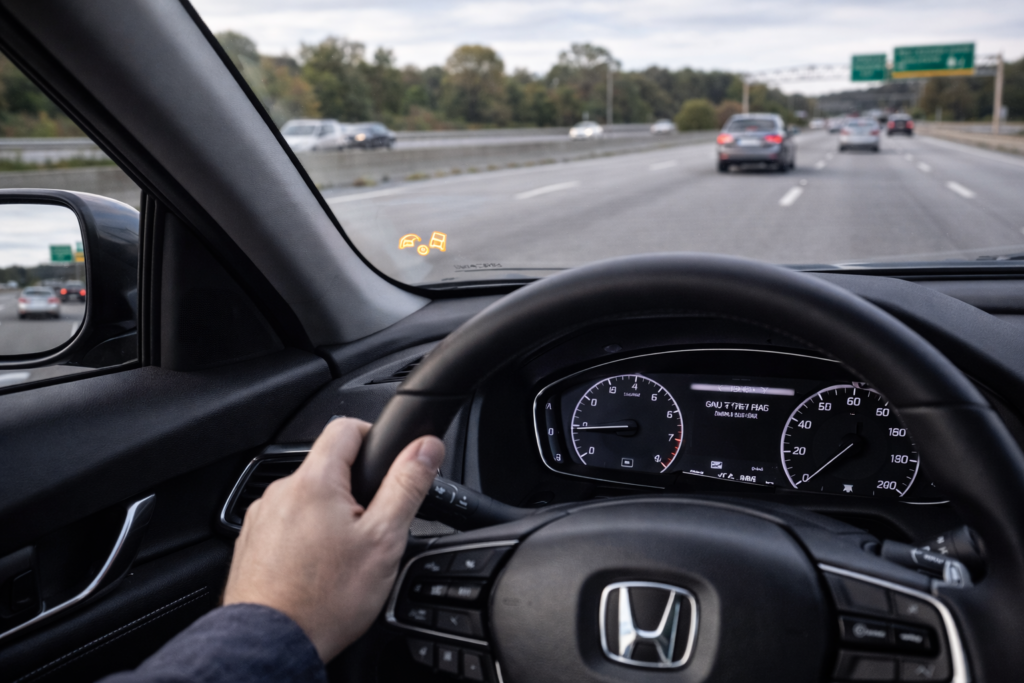 Driver view inside Honda Accord showing blind spot warning light active during highway driving for added safety