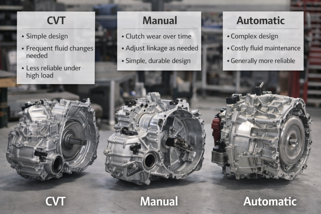 Mechanic workshop comparison showing CVT, manual, and automatic units explaining is CVT or automatic better in the Honda Accord.