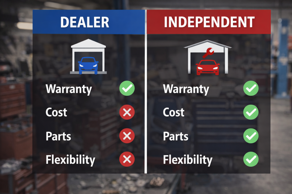 Dealer vs independent mechanic comparison infographic showing warranty, cost, parts and flexibility to decide where repairs are cheaper.