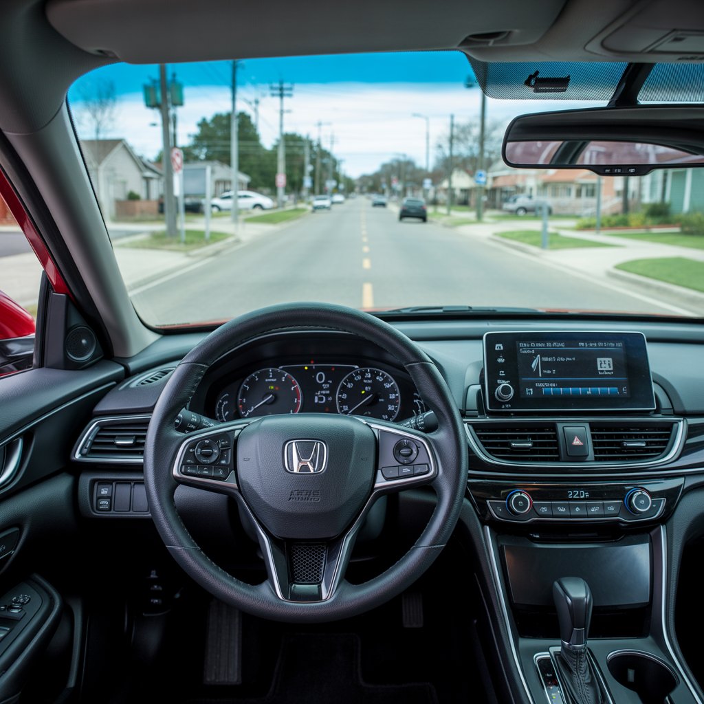 Honda Accord driver view showing steering wheel and visibility, explaining is the Honda Accord easy to drive for beginners!!
