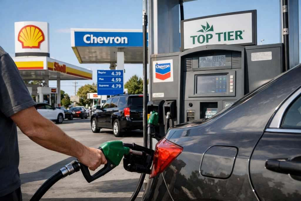 Honda Accord being refueled at a Top Tier gas station, showing regular unleaded fuel use with clean pumps and real-world station signage.
