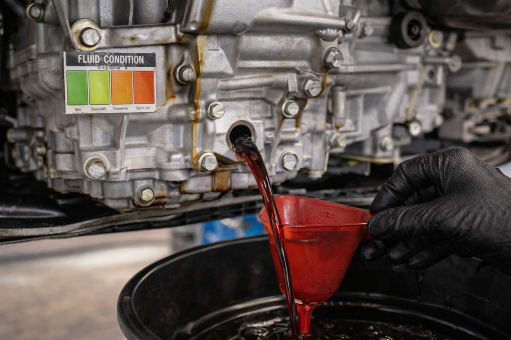 Close-up of Honda Accord CVT transmission fluid service showing heat and fluid condition, explaining how towing affects transmission health.