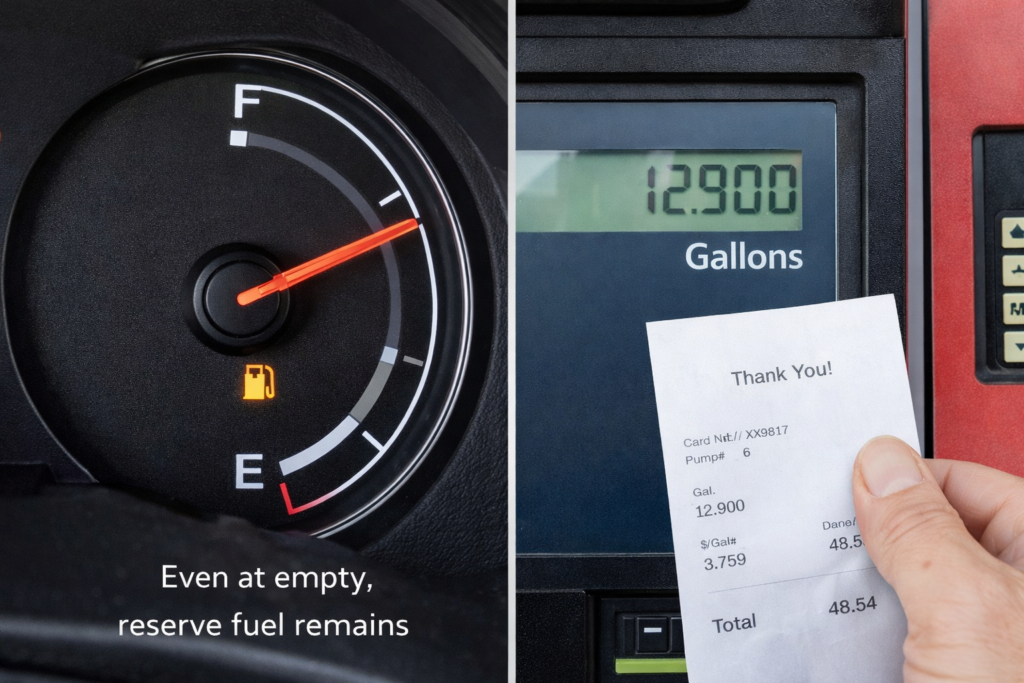 Close-up shows Honda Accord fuel gauge at empty with low fuel light and gas pump receipt showing 12.9 gallons filled after refill.
