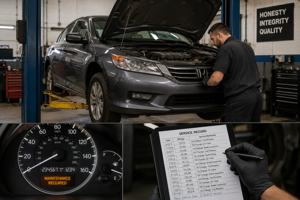 Mechanic inspecting a high-mileage Honda Accord before purchase to evaluate engine condition and long-term reliability