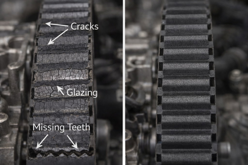 Split image of Honda Accord timing belt showing worn, cracked belt with missing teeth on left and healthy belt on right for comparison.